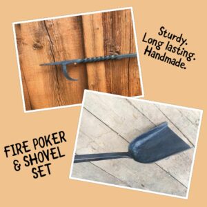 Handmade fireplace set that includes a shovel and fire poker handcrafted from steel