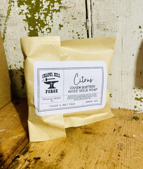 A bar of summer soap with refreshing citrus slices and goat milk, displayed against a rustic background.