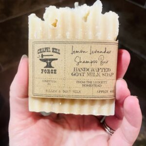 Shampoo Bar for Hair Loss: Image of a hair loss shampoo bar with nourishing ingredients. Contains goat milk and tallow for hair health and lemon and lavender essential oils for a refreshing aroma and scalp stimulation.