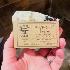 Goat Milk Soap with Ginger, Lime, and Hibsicus flowers. Perfect for brightening and calming skin.