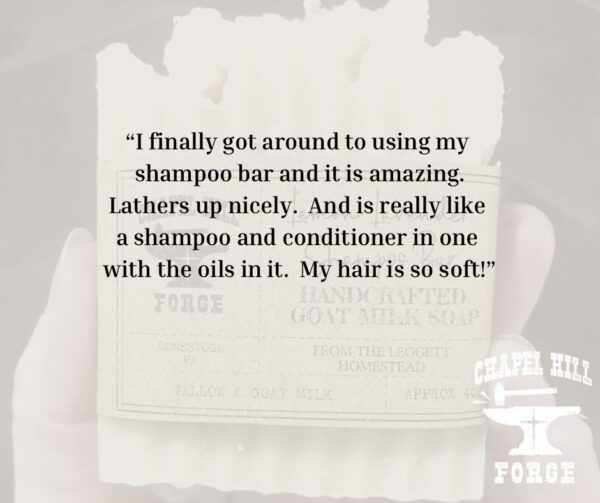 Image of a lemon lavender shampoo bar made from goat milk with a happy customer's review. Natural, refreshing, and soothing hair care experience with delightful scents.