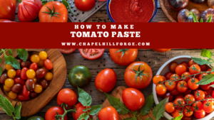 An overhead view of a wooden cutting board displaying a variety of ripe, red tomatoes, a knife, and a small bowl of tomato paste. The process of making tomato paste is beautifully captured, showcasing the vibrant colors and fresh ingredients used in the recipe. Blog tells you how to make tomato paste.