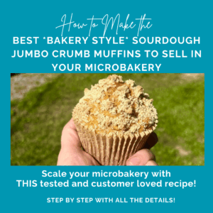 Bakery Style Muffins in Bulk: Illustrated step-by-step guide for microbakers on how to make bakery-style jumbo sourdough crumb muffins, featuring tall domes, crumb toppings, and a call-to-action to purchase a full 8-page recipe and guide.