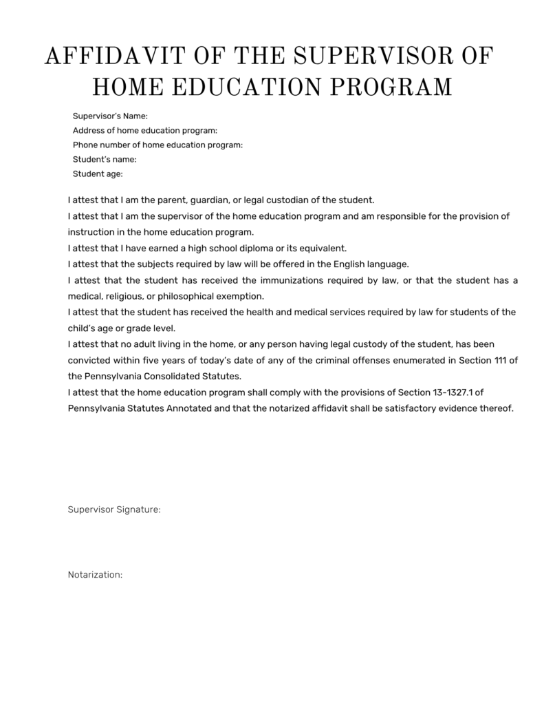 how to homeschool in Pennsylvania: Pennsylvania Homeschool Affidavit