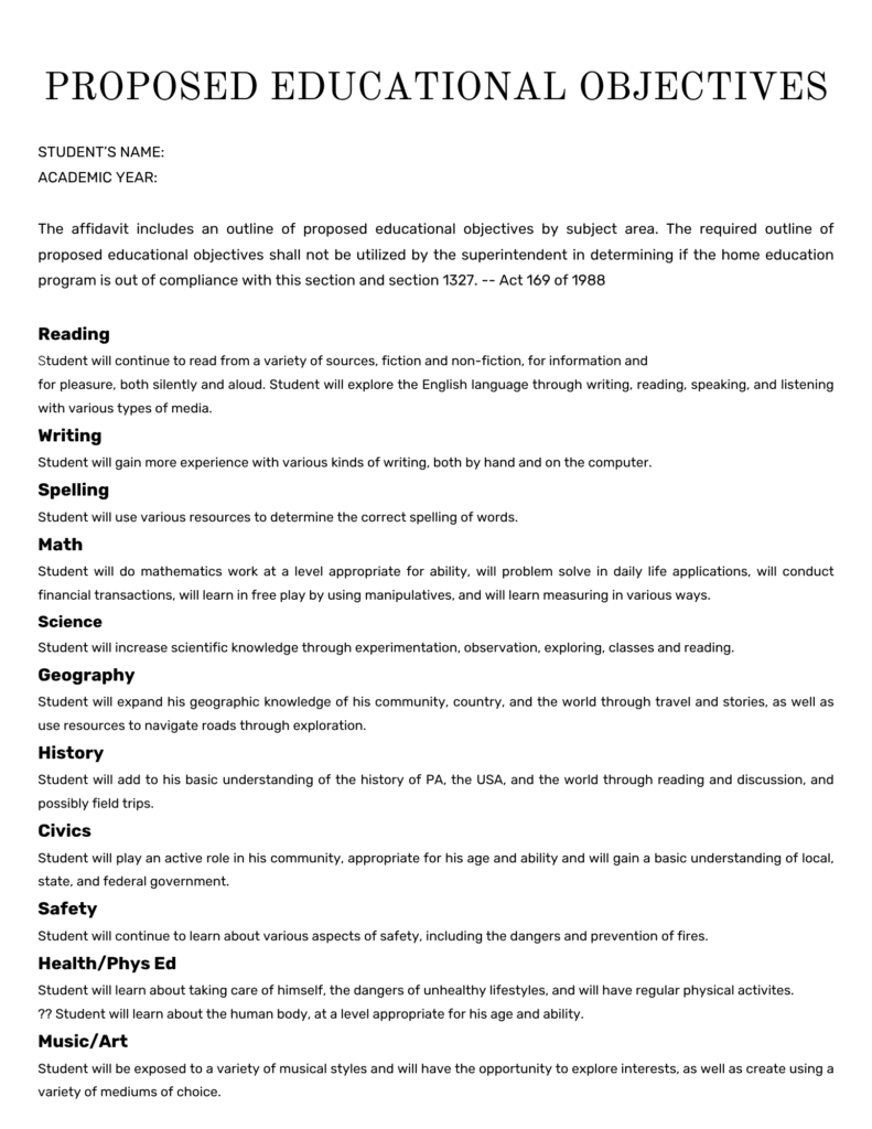 educational objectives for pennsylvania homeschool